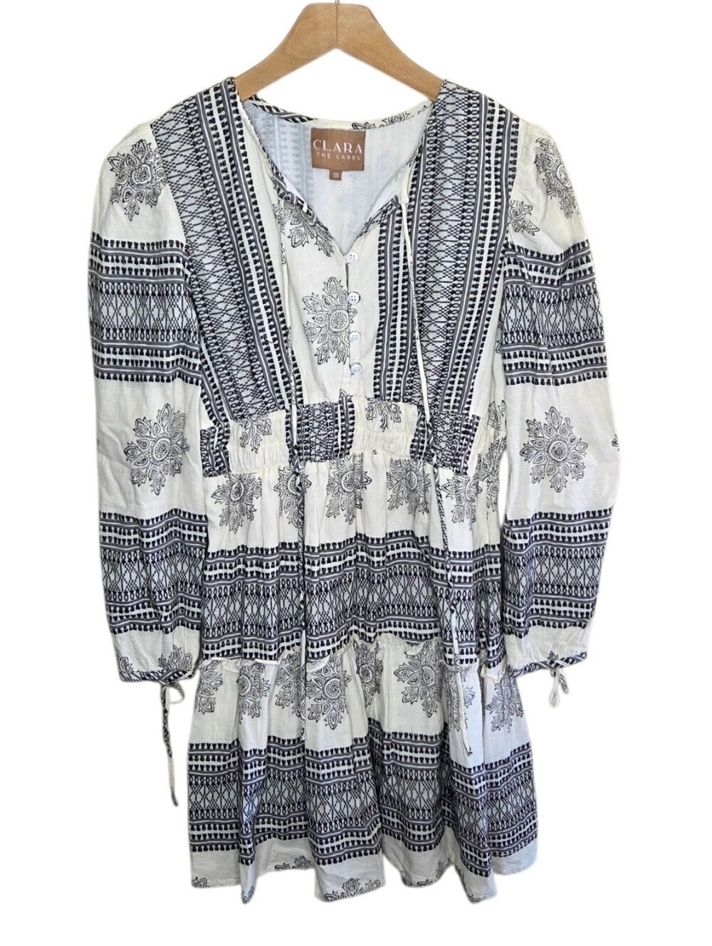 Clara The Label Black & Ivory Boho Print Long Sleeve Mini Dress Size XS